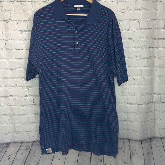 Peter Millar Mens Blue Pink Green Striped Short Sleeve Polo Shirt size xl LOOK - Picture 1 of 7